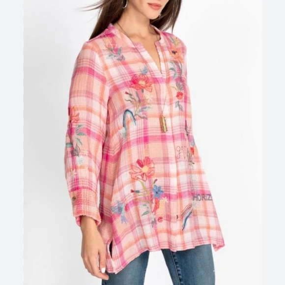 Johnny Was Jordan Voyager Embroidered Tunic Gauze Cotton Pink Plaid L